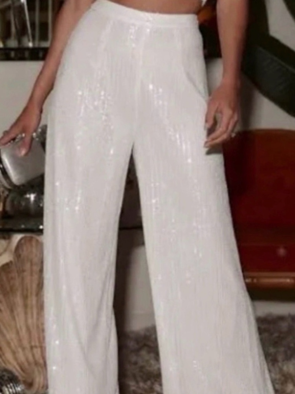 12th Tribe White Sequin Wide-Leg Pants